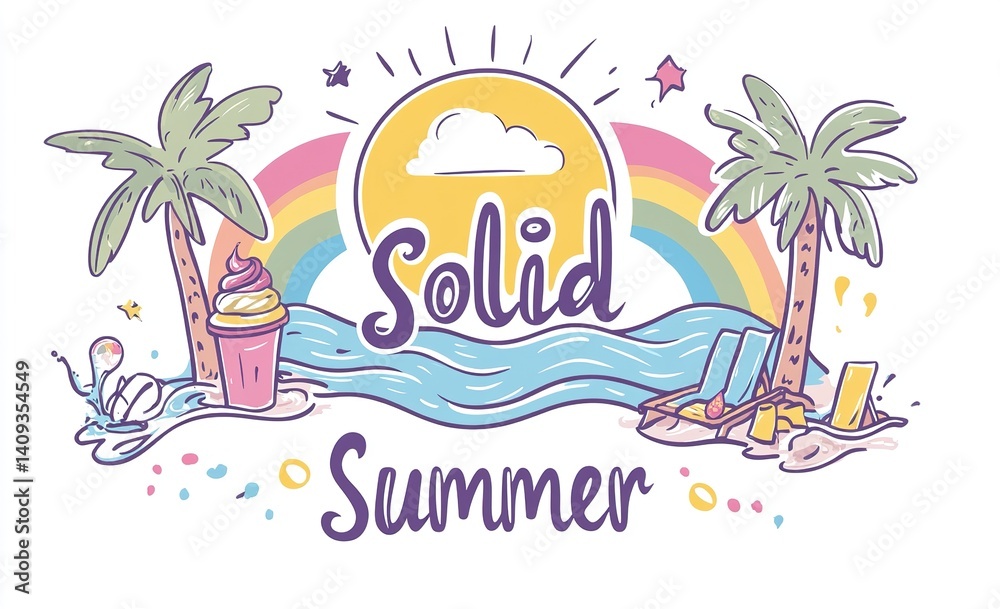 Naklejka premium Summer vacation-themed line art logo featuring sun, rainbow, sea waves, palm trees, ice cream sundae, and loungers with