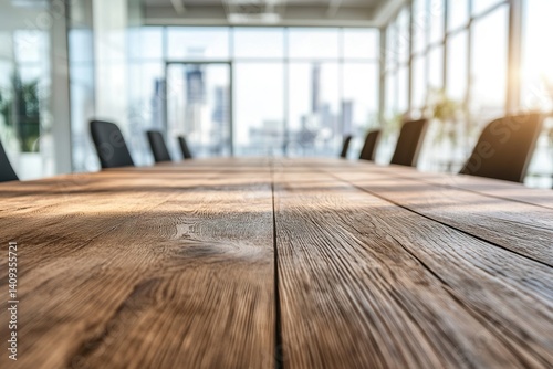 Empty wooden table top with blurred office interior background, ideal for product display, presentation, or design montage. Panoramic close-up of a modern white desk in front of a window and computer 