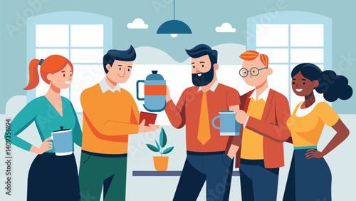 In a busy office a group of coworkers take a break from their work and gather in a circle passing around a thermos filled with freshly brewed mate.. Vector illustration