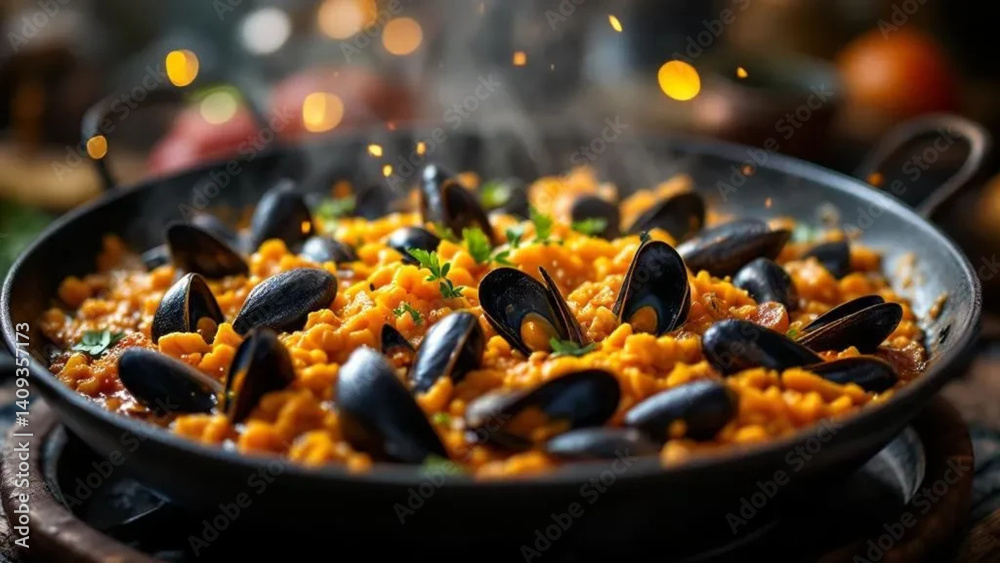 Spanish paella with mussels. Close up.