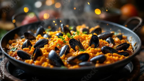 Obraz na płótnie Spanish paella with mussels. Close up. w salonie