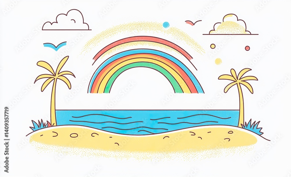 Obraz premium Summer vacation-themed line art logo featuring sun, rainbow, sea waves, palm trees, ice cream sundae, and loungers with 