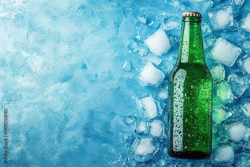 Green beer bottle on ice with blue sky background, commercial photography, studio lighting, product showcase.