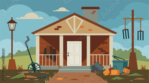 The farmhouse porch is littered with rusting farm tools their handles worn from years of hard labor now discarded and forgotten.. Vector illustration