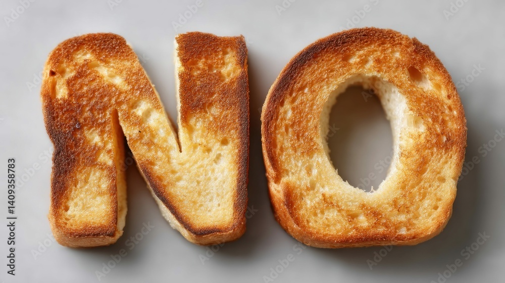 The word no is creatively crafted from toasted bread slices, against a neutral gray backdrop, creating a visual statement. This culinary art represents a simple, direct message. The word no is creatively crafted from toasted bread slices, against a neutral gray backdrop, creating a visual statement. This culinary art represents a simple, direct message.