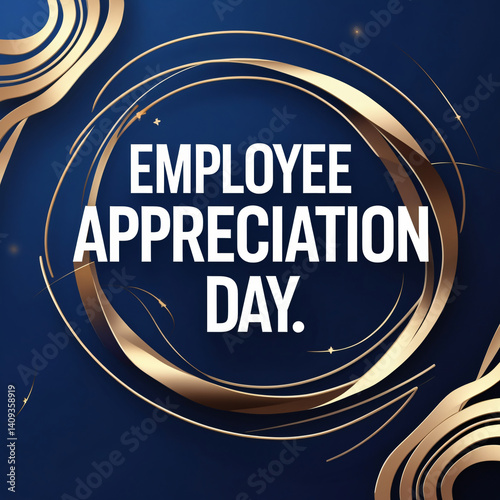 Elegant 'Employee Appreciation Day' text in bold white on a dark blue background, accented by abstract gold and blue shapes, creating a professional and celebratory design
