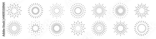 Set of round, circle sunburst, line radial dashed frame icons