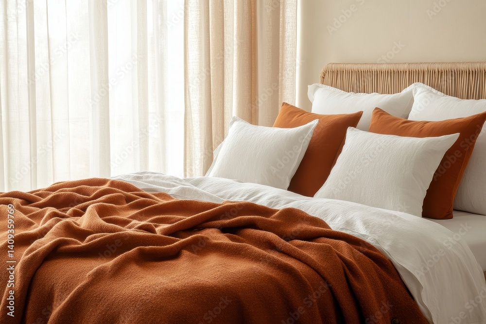Obraz premium Rustic Comfort: A warm and inviting bedroom with a cozy bed dressed in crisp linen sheets and a textured throw blanket in burnt orange.