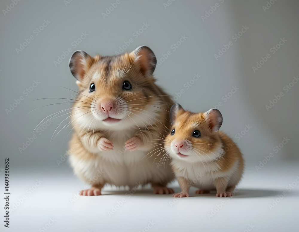 Two Hamsters Sitting Together on White Background with Soft Lighting Two Hamsters Sitting Together on White Background with Soft Lighting