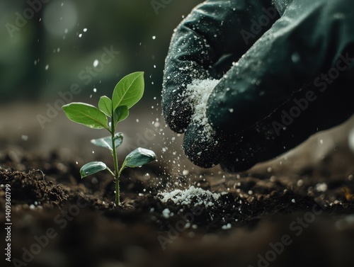 Nurturing New Growth: A close-up view depicts the art of fostering growth, with a nurturing hand carefully applying nourishing substances to a fledgling plant in fertile soil.