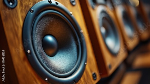 Close-up of high-quality speakers with wooden finishes, emphasizing sound technology and craftsmanship.