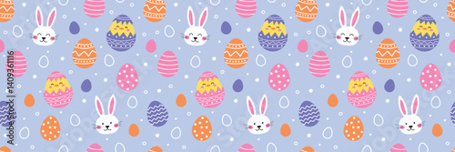 Easter seamless pattern with cute bunny, egg and chick. Collection. Colourful background in cartoon style. Vector illustration