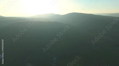 Sunset Mam Tor Aerial drone perspective Mountain Ridges In Hope Valley, Peak District National Park, Derbyshire, Northern Midlands of England. 