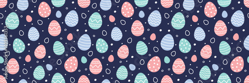 Colourful Easter seamless pattern with cute painted eggs. Cartoon style background. Vector illustration