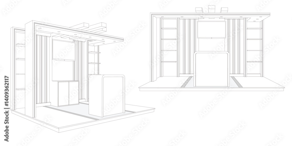 3d illustration stand booth 3x4 m simple minimalis design with blank LED TV screen logo company for event exhibition. Vector editable sketch outline drawing coloring isolated background. 3d illustration stand booth 3x4 m simple minimalis design with blank LED TV screen logo company for event exhibition. Vector editable sketch outline drawing coloring isolated background.
