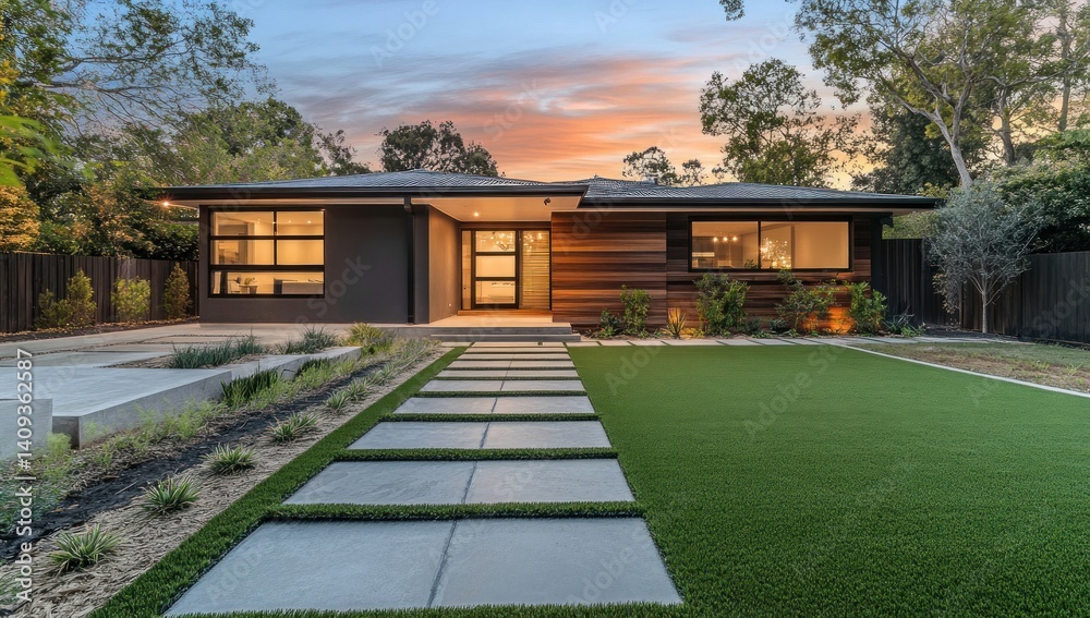 Modern House Design: Luxury Home Exterior at Dusk Modern House Design: Luxury Home Exterior at Dusk