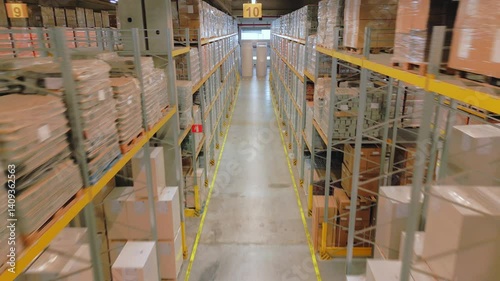 A panoramic warehouse shot reveals rows of packed shelves, emphasizing efficiency and organization in logistics and storage.