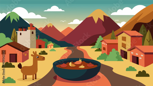 In a small village nestled in the Andes the scent of slowcooked alpaca stew filled the dirt streets making mouths water and stomachs rumble.. Vector illustration