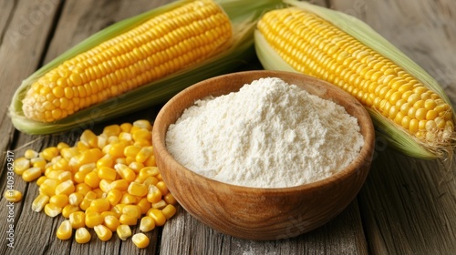 Close up of corn on the cob kernels and cornstarch in a wooden bowl on a wooden surface top view