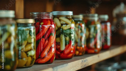 Obraz na płótnie Colorful pickled vegetables in glass jars. w salonie