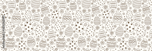 Easter seamless pattern with cute hand drawn eggs and flowers. Cartoon style background. Vector illustration