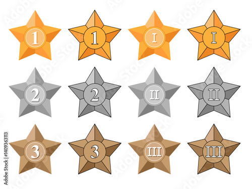 Star set. Golden, silver and bronze star with numbers.
