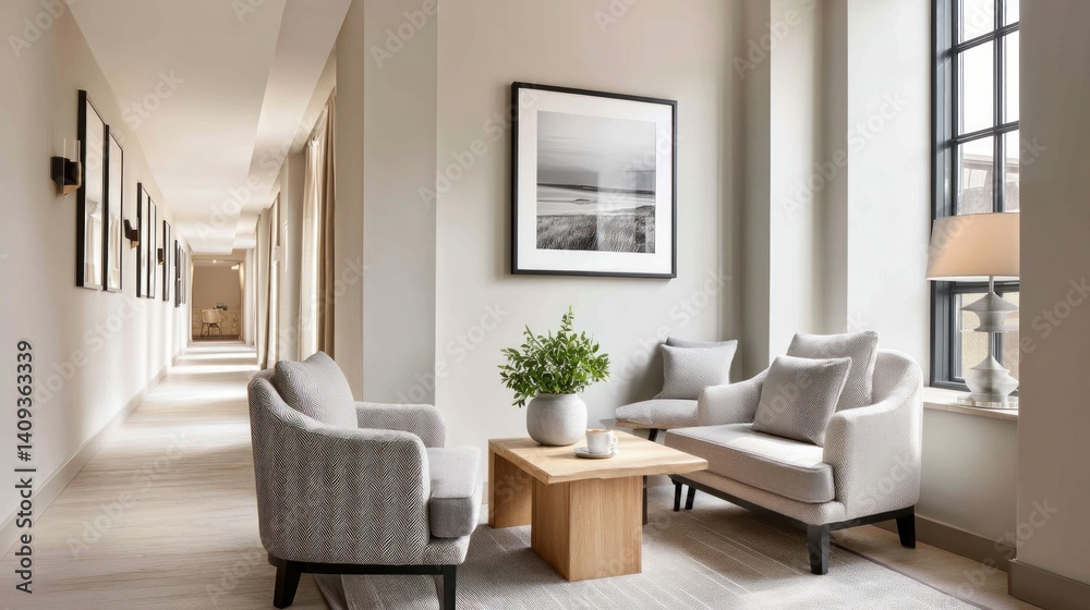 Fototapeta premium A cozy waiting area with a small sofa, armchairs, a wooden table, and framed art in a well-lit corridor. Elegant and serene setting.