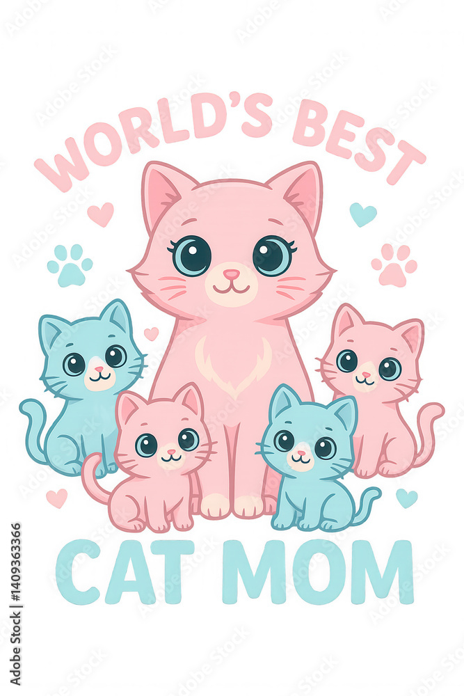 Weltbeste Katzenmama – niedliche Illustration mit Katzenmutter und Kätzchen in Rosa und Babyblau, perfekt für Muttertag und Geschenke