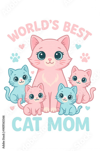 Obraz na płótnie Weltbeste Katzenmama – niedliche Illustration mit Katzenmutter und Kätzchen in Rosa und Babyblau, perfekt für Muttertag und Geschenke w salonie