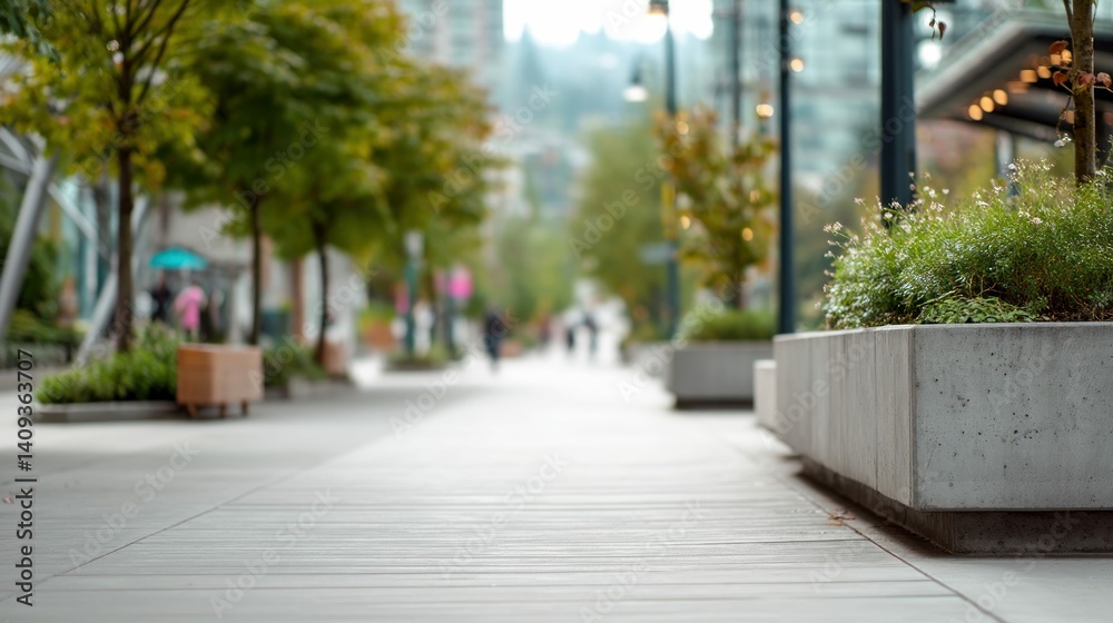Obraz premium A vibrant city boulevard with lush greenery and modern architecture creates a serene, urban atmosphere for pedestrians.