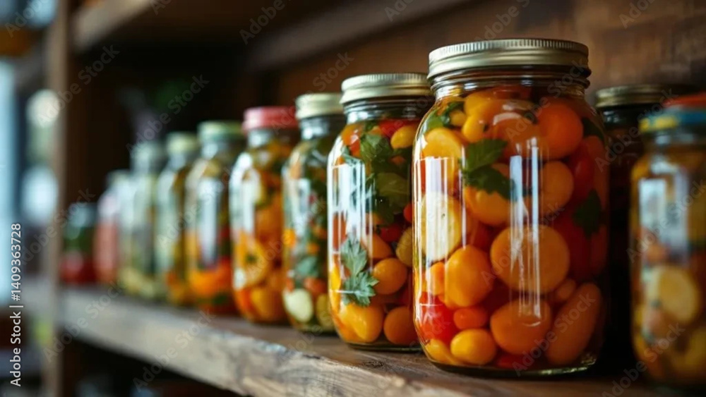 Colorful pickled vegetables in glass jars.