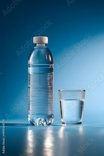 Refreshing Water Bottle and Glass on Blue Background