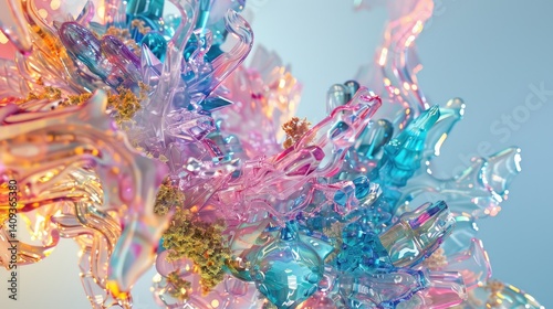 A detailed hyper realistic image of a complex digital stream made up of blue, pink and teal crystals and organic shapes, with a flowing organic form