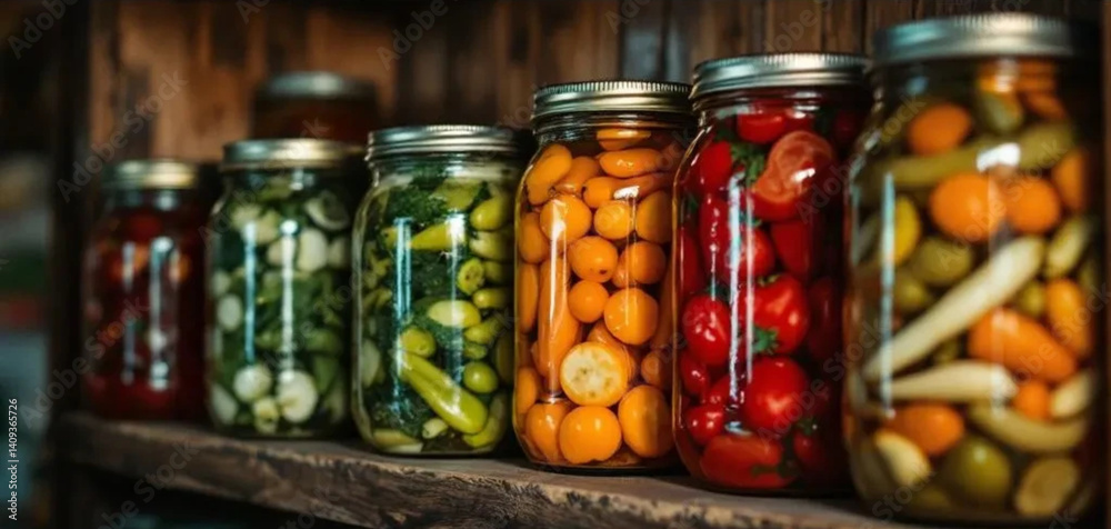Colorful pickled vegetables in glass jars.
