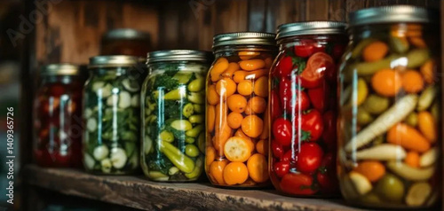 Colorful pickled vegetables in glass jars. 