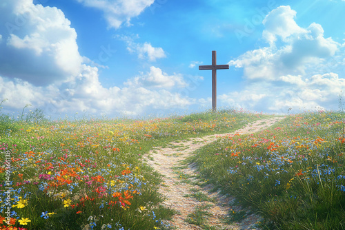 Meadow with cross and flowers, path under blue sky creates joyful and tranquil Easter landscape