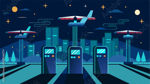 At night the charging stations seemed to light up like constellations guiding air taxis to safety.. Vector illustration