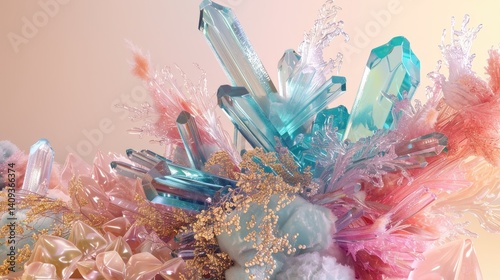 A detailed hyper realistic image of a complex digital stream made up of blue, pink and teal crystals and organic shapes, with a flowing organic form