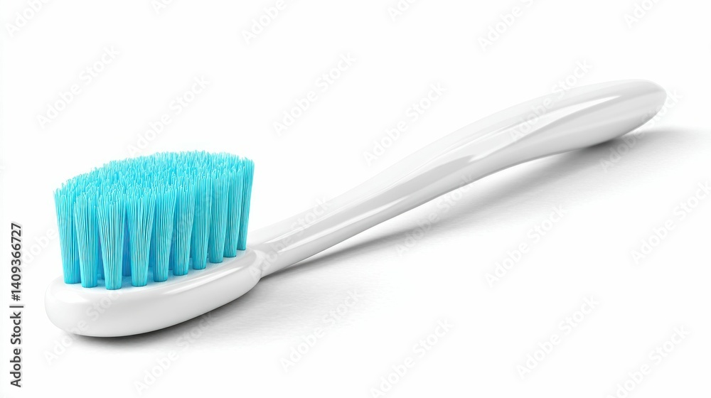 A close-up shot of a pristine white toothbrush with vibrant blue bristles, ready for dental hygiene. A close-up shot of a pristine white toothbrush with vibrant blue bristles, ready for dental hygiene.
