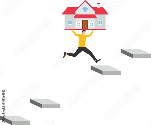 Risks and obstacles of real estate investment. businesswoman with a house jumps over the gap stock illustration

