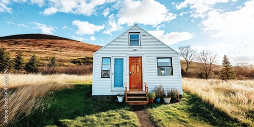 A small white house with blue doors sits in a field. The house is surrounded by grass and trees