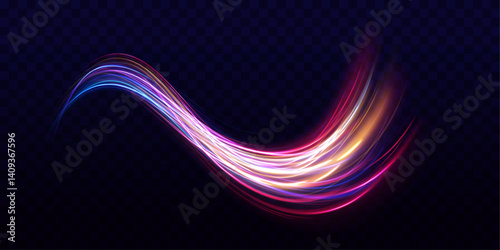 Abstract neon stripes curve and twist in a high-speed spiral, glowing vibrantly on a black background. The design captures acceleration and flow of energy. Use for tech or science illustrations.
