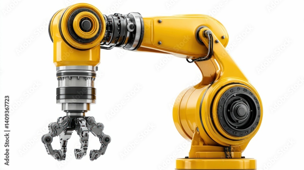 A close-up of a detailed industrial robot arm, isolated on a clean white background. The metallic claw is ready to grasp objects in automated processes. A close-up of a detailed industrial robot arm, isolated on a clean white background. The metallic claw is ready to grasp objects in automated processes.