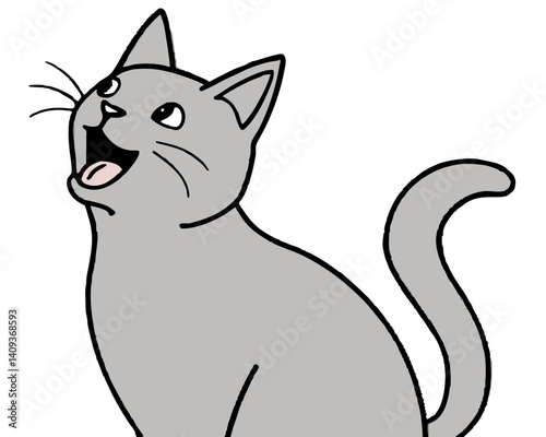 Gray Cat Looking Up Adorable Cartoon Character Isolated On White Background Illustration Drawing Style Simple Bold Outline