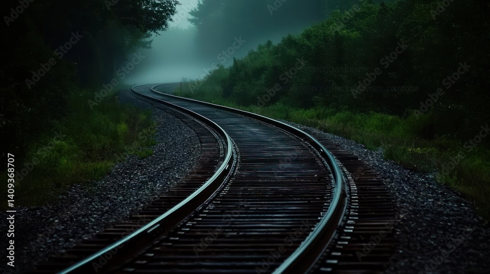 Obraz premium Misty forest railway tracks curve through the woods