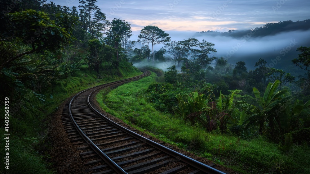 Fototapeta premium Winding train tracks through misty jungle landscape at dawn