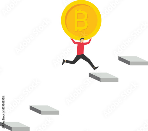Risks and obstacles of digital coin investment. Businessman with digital coins jumping over the gap stock illustration

