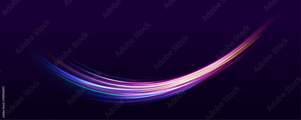 Fototapeta premium Luminous bright background. High speed effect motion blur night lights blue and red. Magic shining neon light line trails. Purple glowing wave swirl, impulse cable lines. Long time exposure. Vector