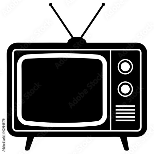 Classic Television Icon Black Silhouette Featuring Antenna And Rounded Edges Design Emphasizing Retro Technology And Nostalgia