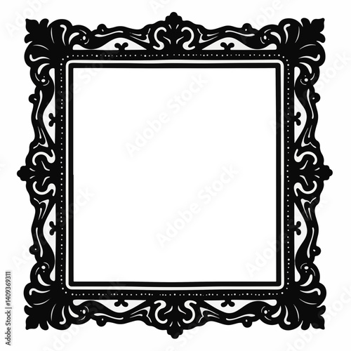 Ornate black silhouette of framed art piece on white background, elegance